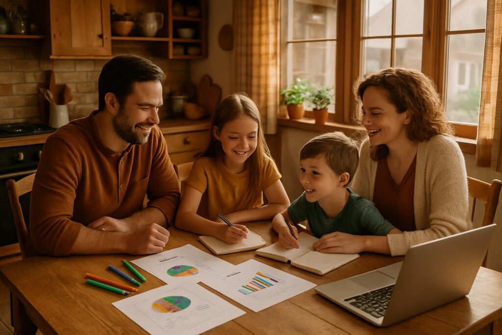 A family of four sitting around a kitchen table working on a budget together in a cozy home.
