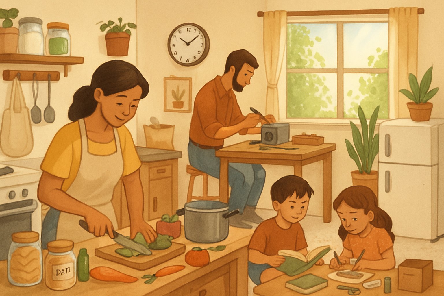 A family in a bright kitchen preparing food and doing repairs, surrounded by eco-friendly and reusable household items.
