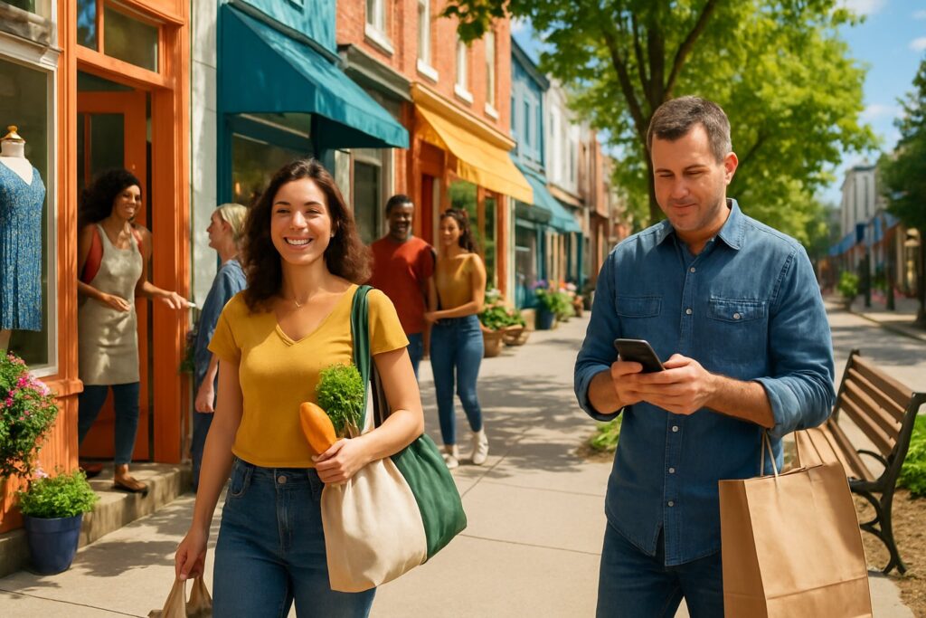 People shopping and interacting on a sunny small town street with local shops and a delivery person on a bicycle.