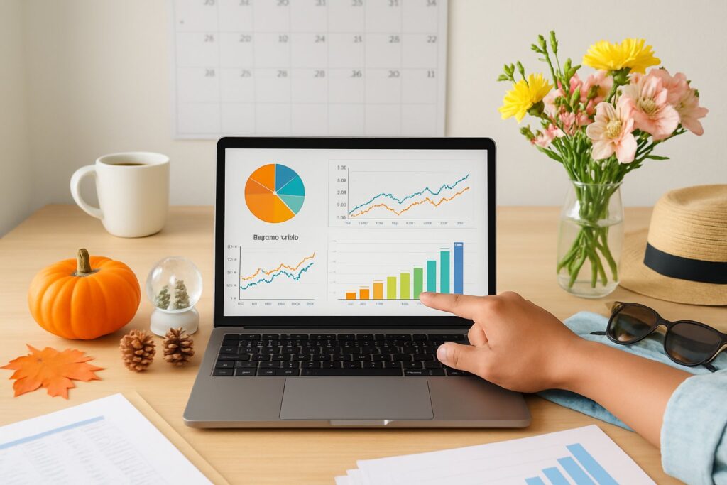 A person pointing at a laptop with budgeting charts surrounded by seasonal items representing all four seasons on a desk.
