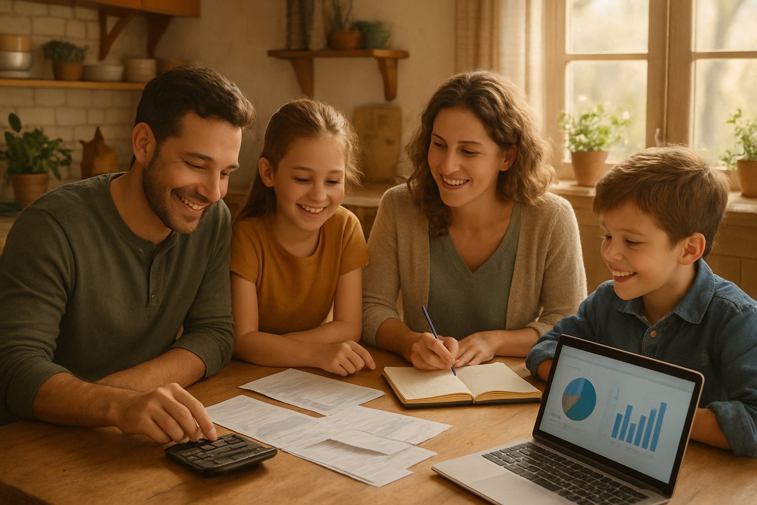 A family of four sitting at a kitchen table, working together on budgeting and financial planning with bills, a calculator, and a laptop.