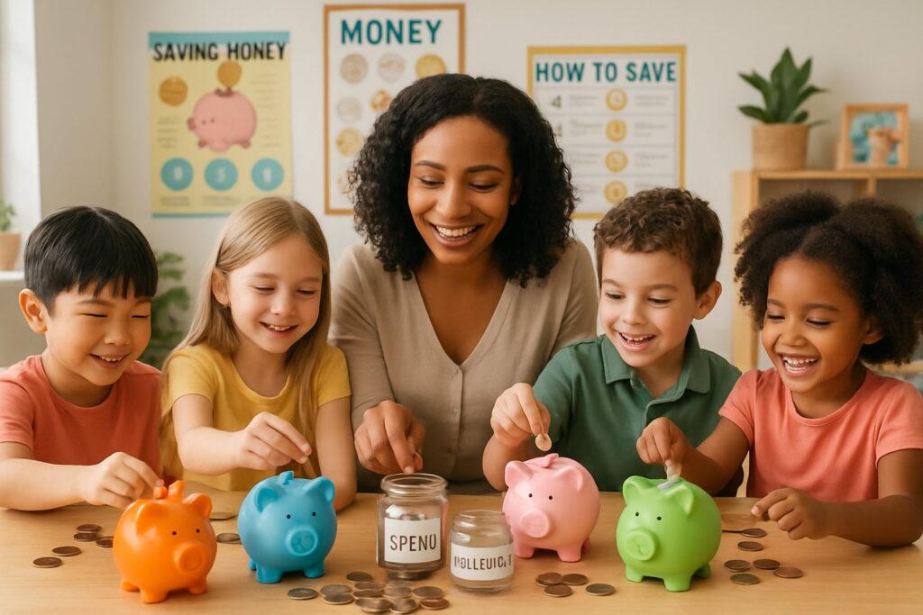 Children sitting around a table with an adult, learning about saving money using piggy banks and coins.