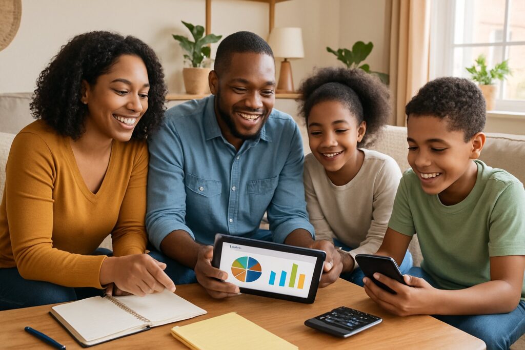 A family of four sitting around a table using a tablet and smartphone to plan their budget together.