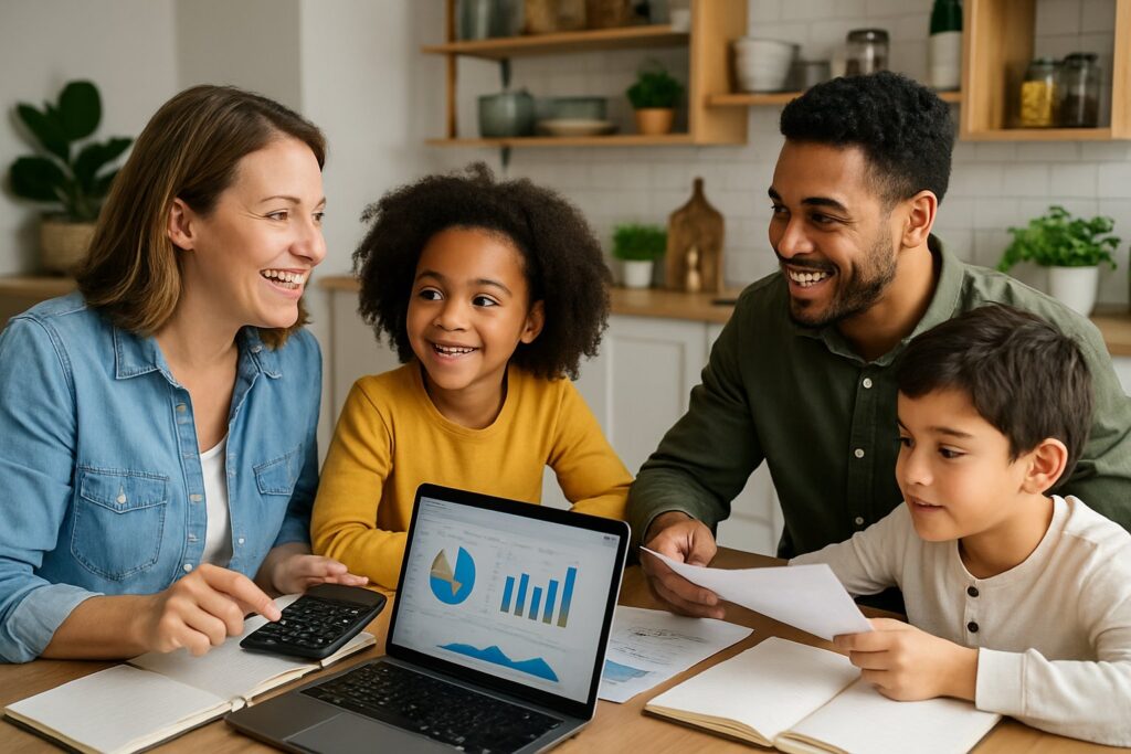 A family of four sitting at a kitchen table, working together on budgeting with notebooks, a calculator, and a laptop.