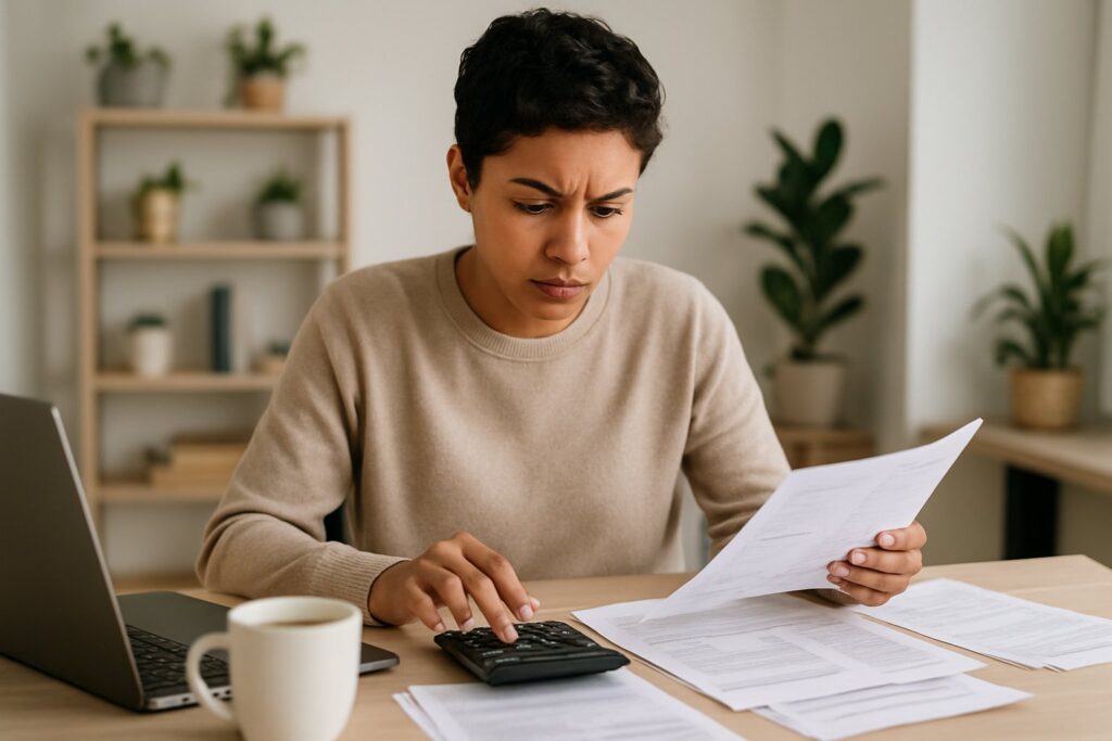 A young adult reviewing financial documents and using a calculator at a desk in a home office.