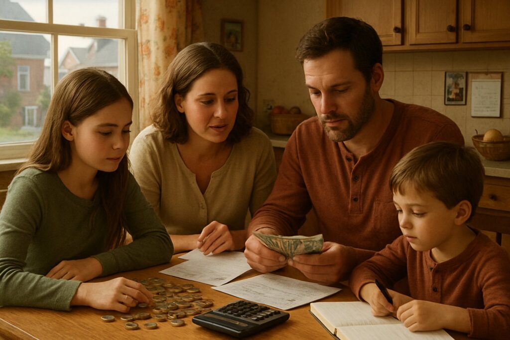 A small town family at a kitchen table counting money and reviewing bills together.