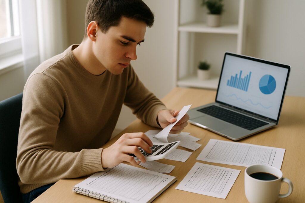 A young adult sitting at a desk reviewing financial documents with a calculator and laptop in a bright home office.