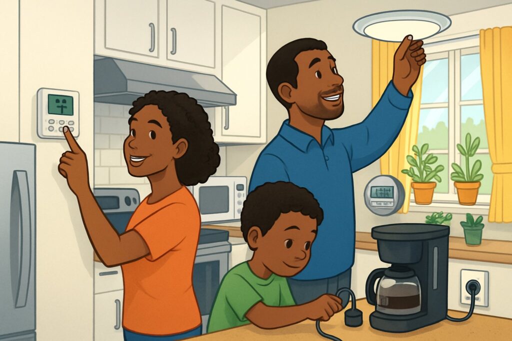 A family of three in a kitchen turning off lights and adjusting a thermostat to save electricity.