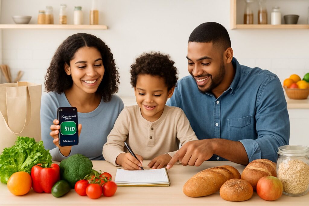 A family of three planning groceries in a kitchen with fresh produce and a reusable bag on the counter.