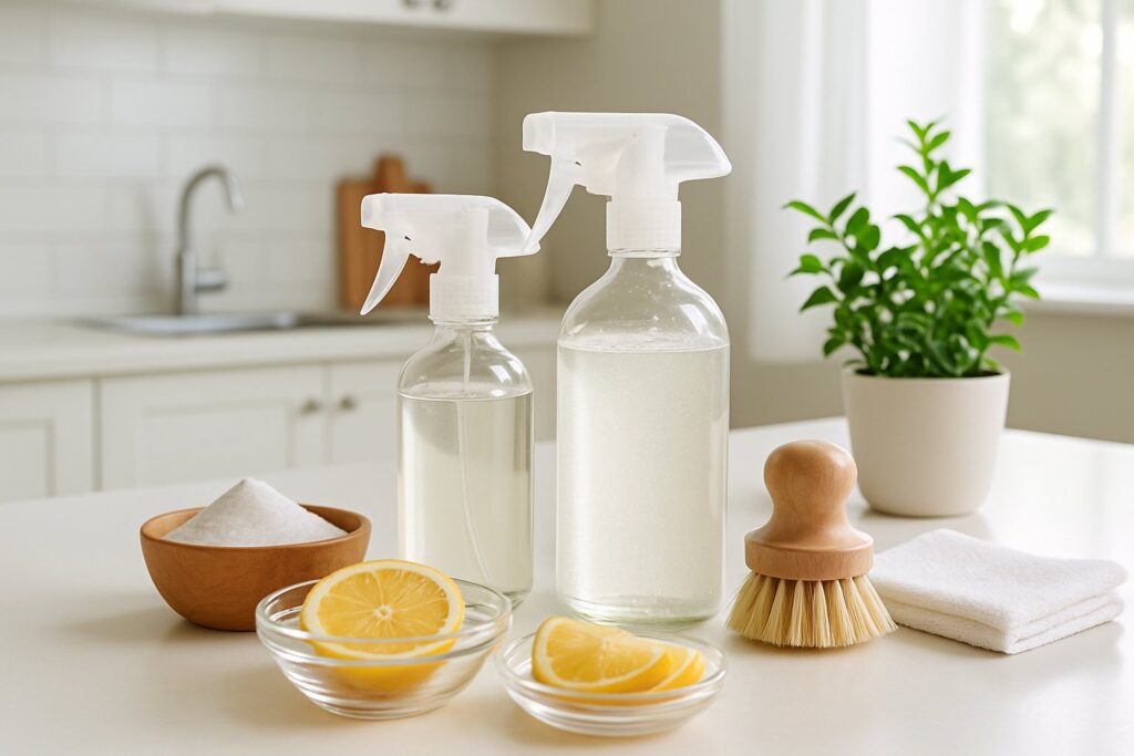 A clean kitchen countertop with DIY cleaning supplies including spray bottles, baking soda, lemon slices, a wooden brush, and a microfiber cloth next to a small green plant.