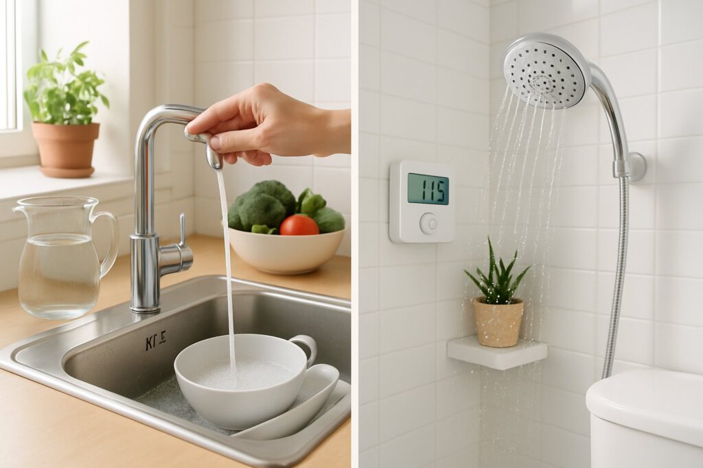 A small home kitchen and bathroom area showing water-saving features like a low-flow faucet, a digital water meter, and a low-flow showerhead with natural light and plants.