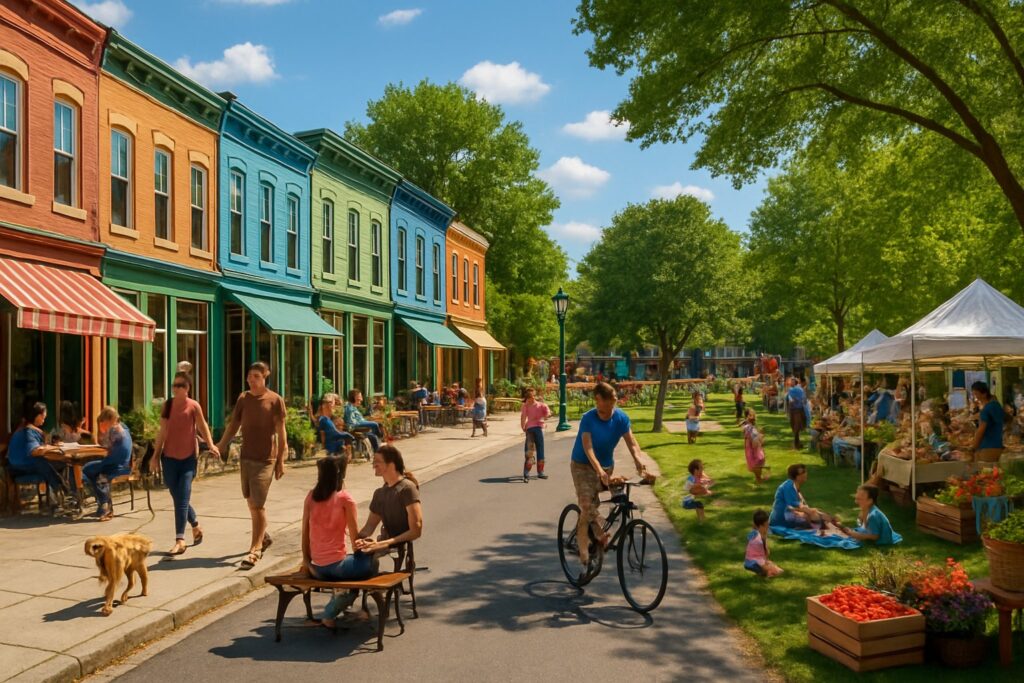 People enjoying a sunny day in a small town with shops, outdoor cafes, a park, and a community market.
