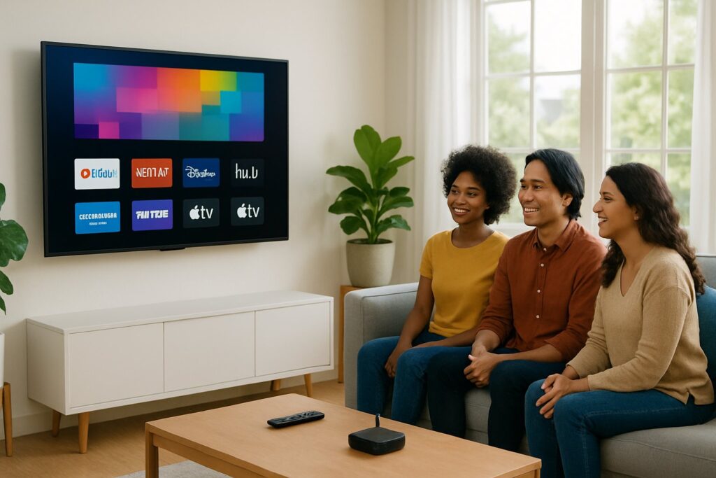 Three adults sitting on a sofa watching a large TV with streaming app icons in a bright living room.
