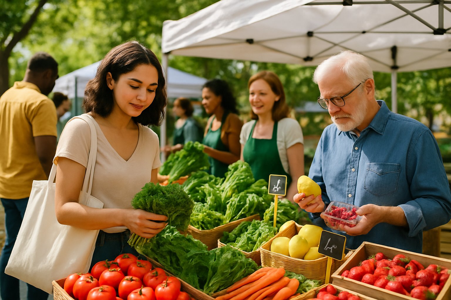 People shopping for fresh fruits and vegetables at an outdoor farmers market with vendors and colorful produce on display.