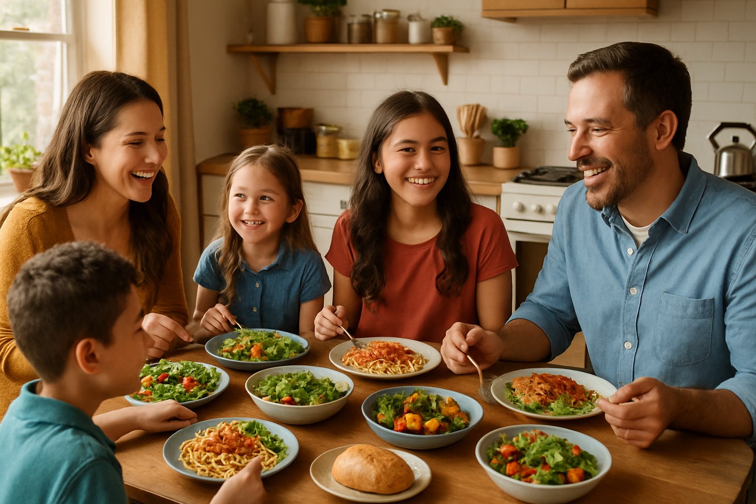 A family of five sitting around a dining table enjoying a meal together in a kitchen.
