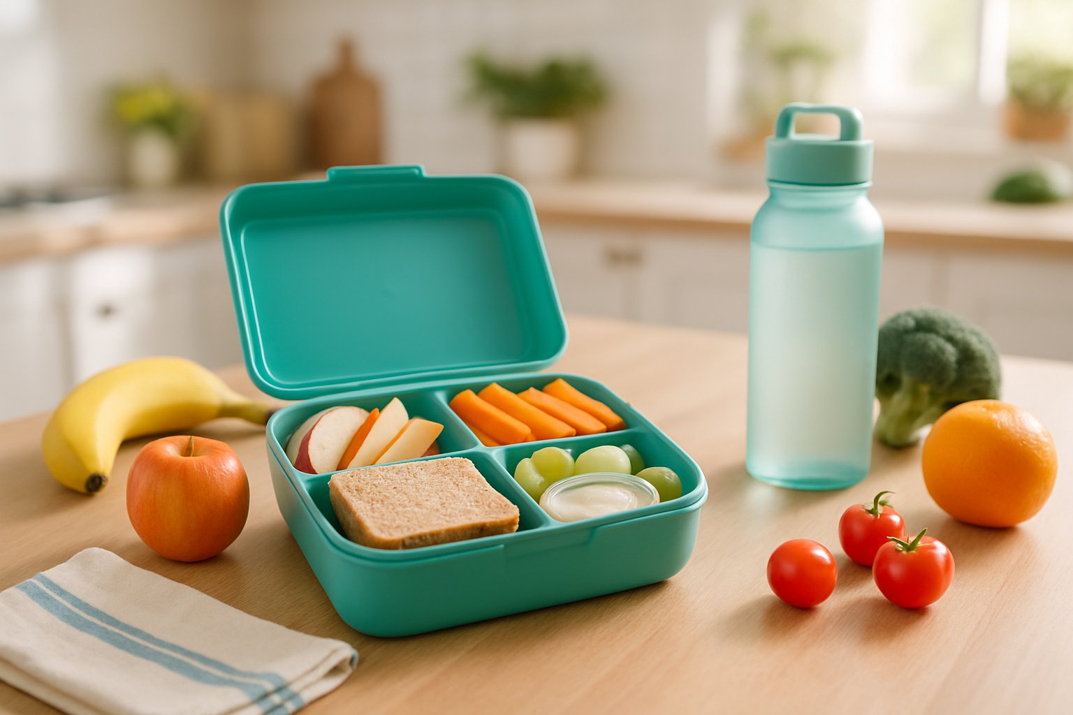 Open lunchbox on a wooden table filled with healthy kid-friendly foods like sandwich, sliced apples, carrot sticks, grapes, and yogurt.