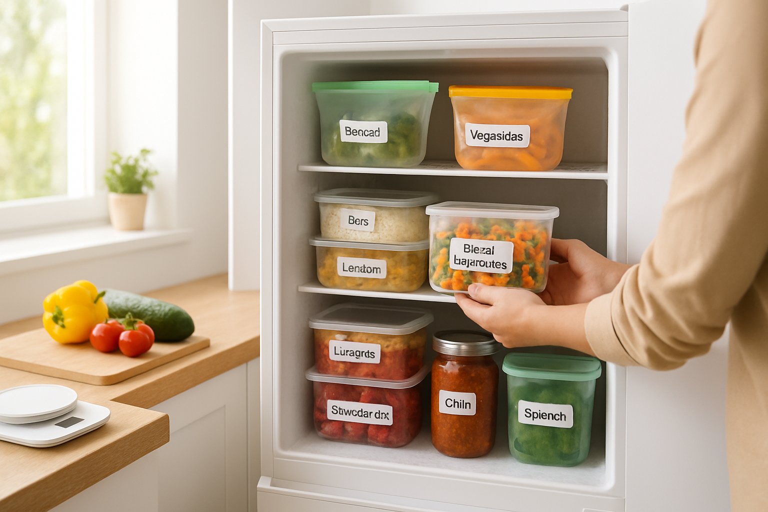 A person organizing labeled containers of fresh food inside an open freezer in a bright kitchen.