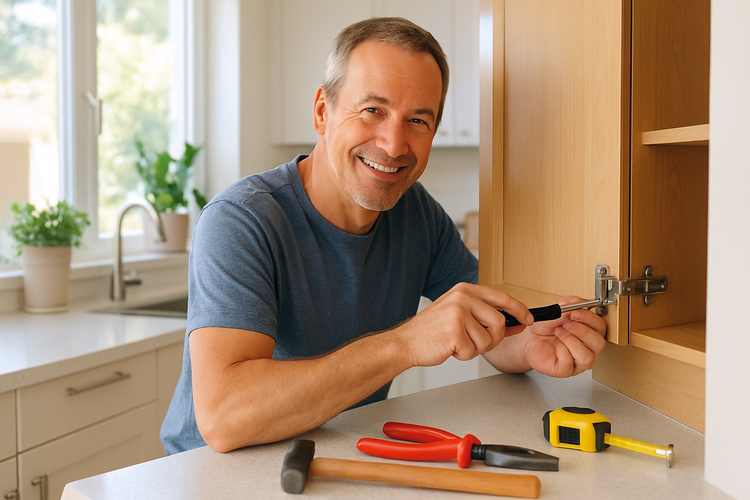 A man fixing a kitchen cabinet door with tools on the countertop in a bright home interior.