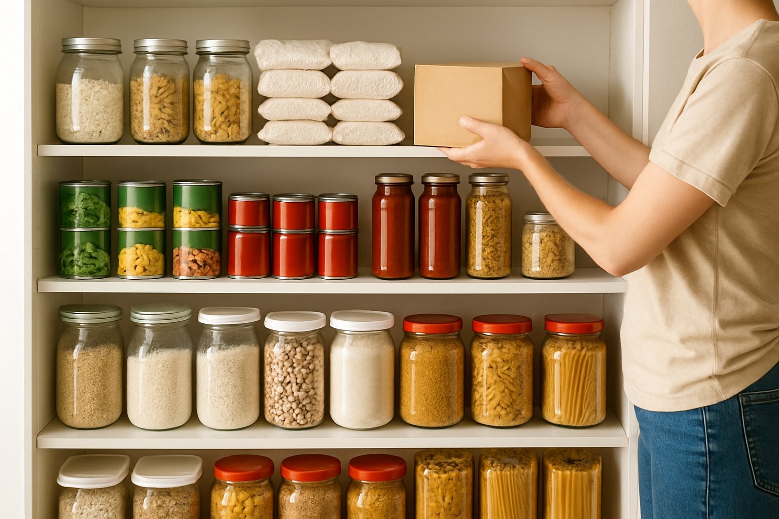 A person organizing a home pantry filled with various canned and dry food items on shelves.