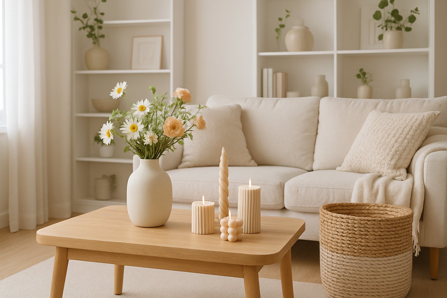 A bright living room with a wooden coffee table, fresh flowers in a vase, handmade candles, a woven basket, a sofa with throw pillows and blanket, and a bookshelf with plants and decor.