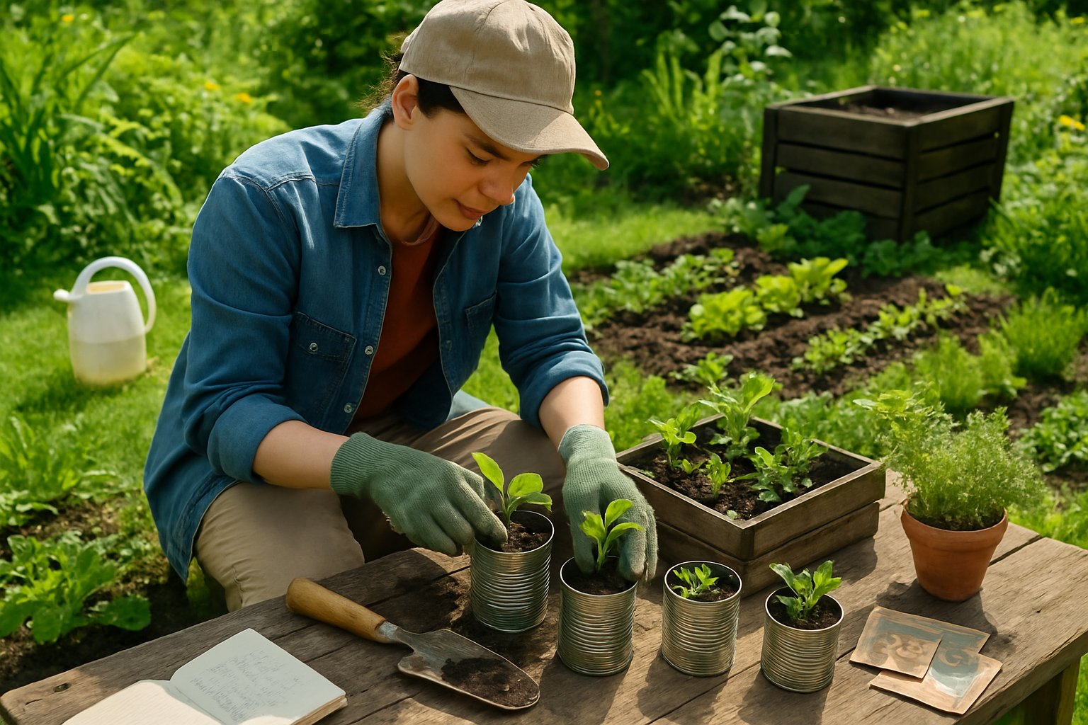 A person planting seedlings in repurposed containers in a small garden with compost bins and gardening tools nearby.
