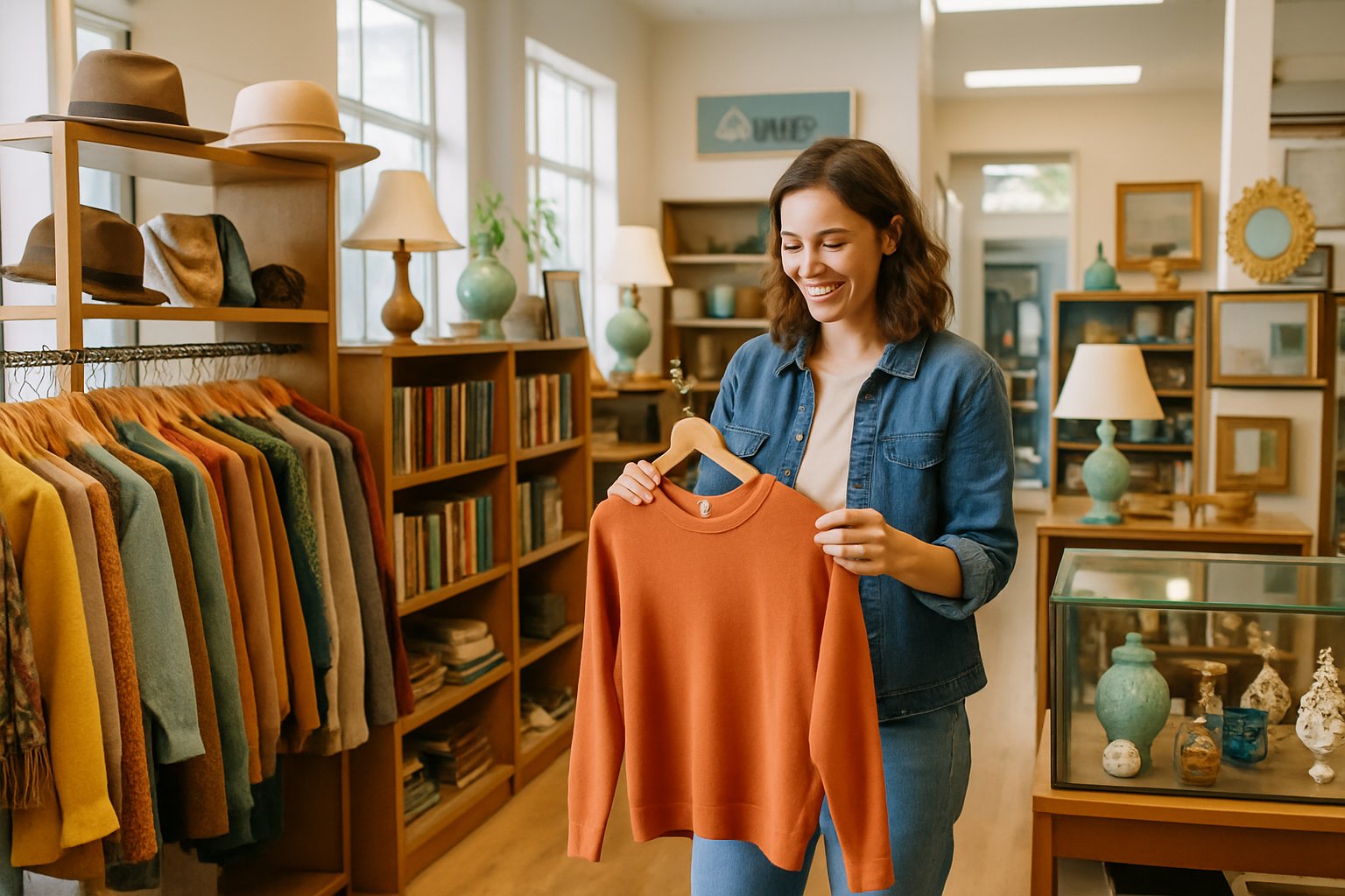 A shopper browsing neatly arranged vintage clothing, books, and home decor items inside a bright and organized thrift store.