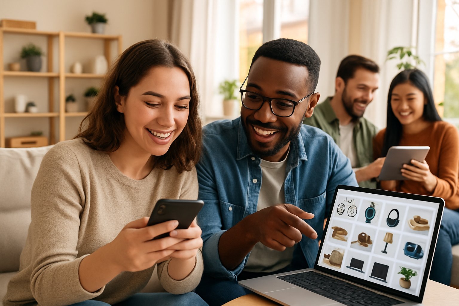 People using smartphones and a laptop in a bright living room, looking at items for sale online and smiling.