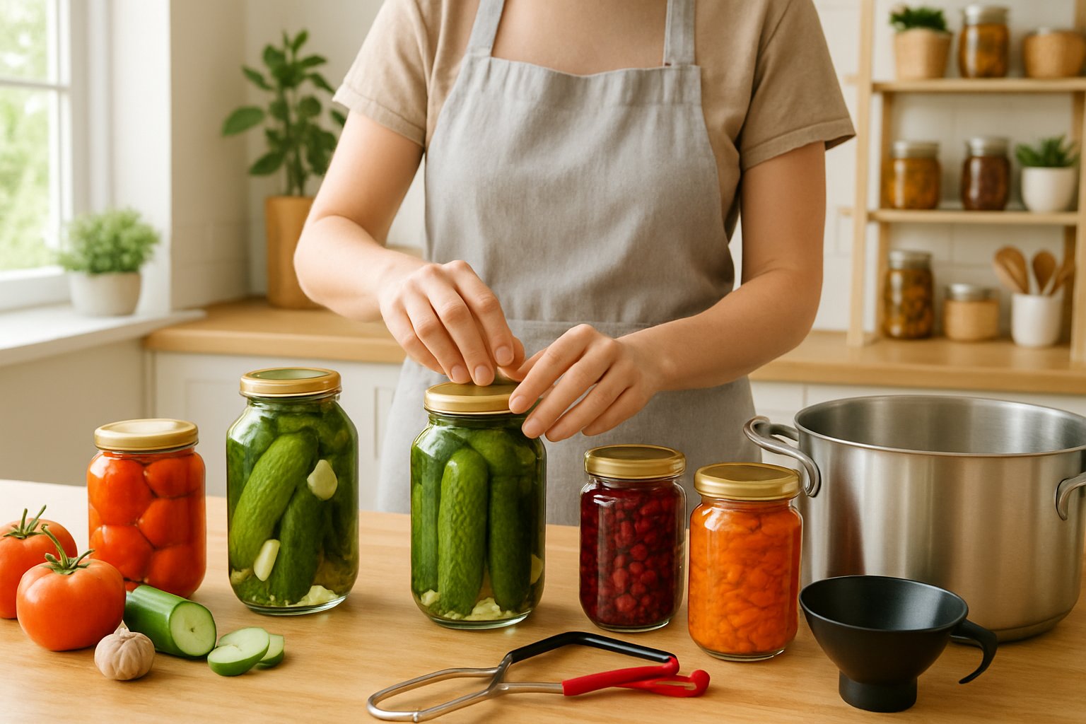 A person sealing glass jars filled with preserved fruits and vegetables on a kitchen countertop surrounded by fresh produce and canning tools.