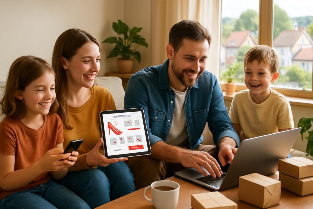 A family of four in a living room using a tablet and laptop for online shopping, with small town houses visible through a window.