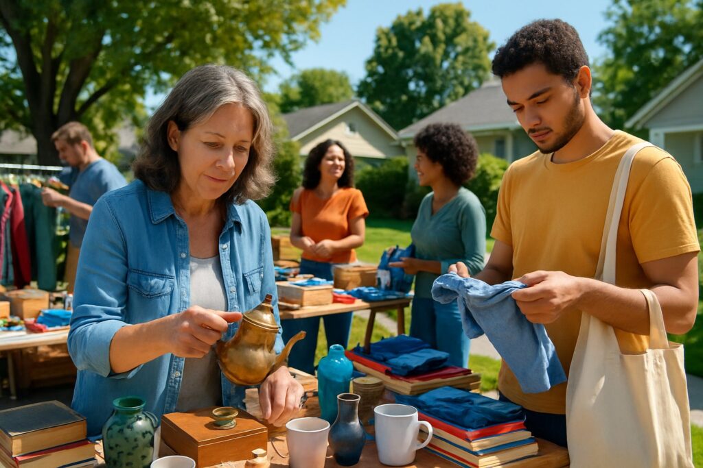 People browsing and inspecting items at a busy garage sale with tables of secondhand goods outdoors in a neighborhood.
