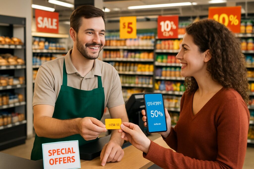 A customer receiving a loyalty card from a smiling store employee at a checkout counter inside a local store with shelves of products and discount signs.