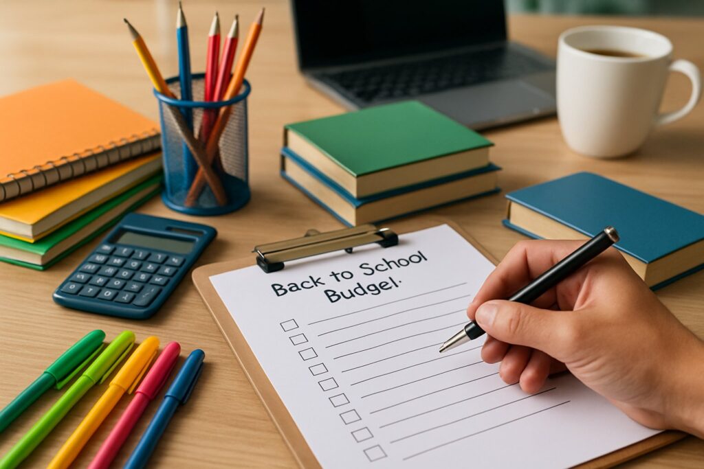 A hand holding a pen over a checklist on a clipboard surrounded by school supplies on a wooden desk.
