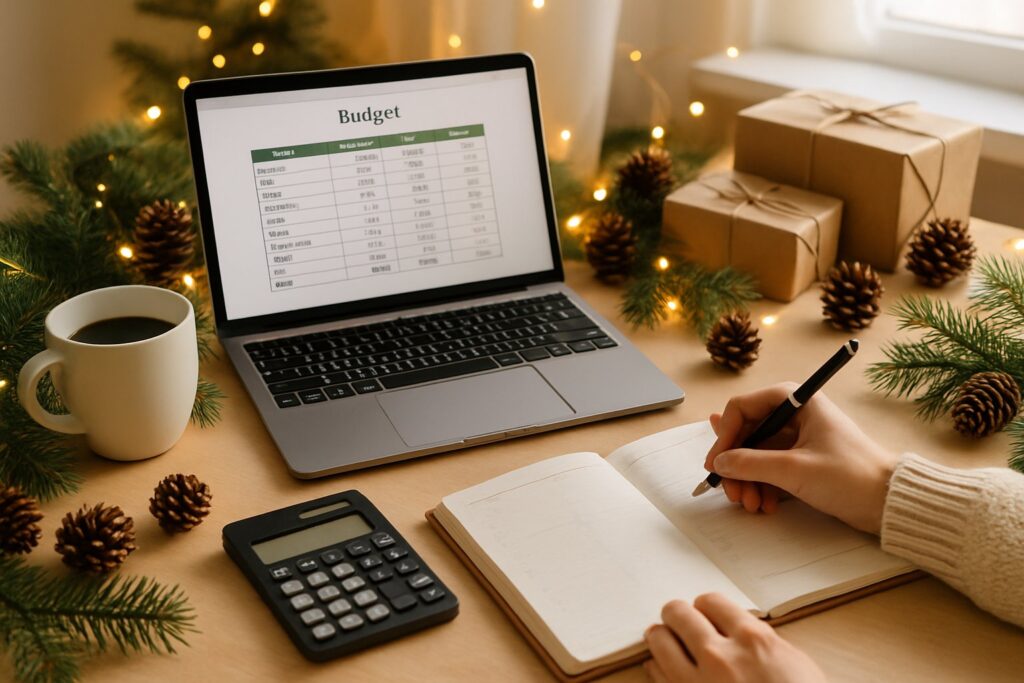 A person writing in a planner with a laptop, calculator, and holiday decorations on a table.