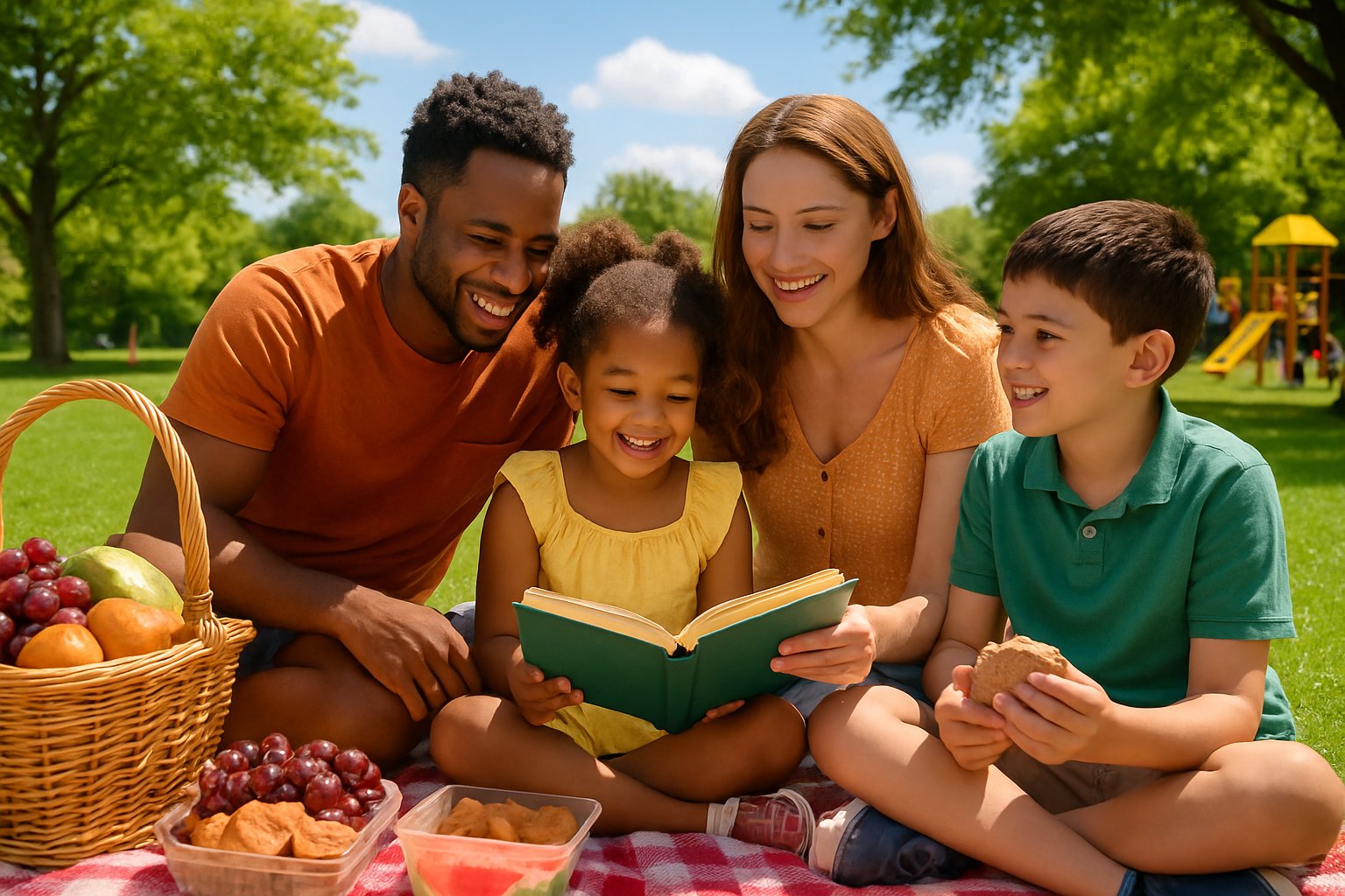 A family of four sitting on a picnic blanket in a park, enjoying snacks and spending time together on a sunny summer day.