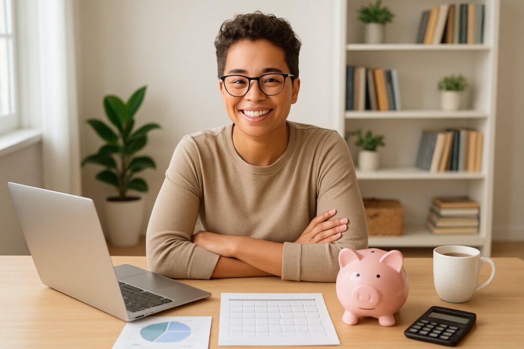 A young adult sitting at a desk with a laptop, financial documents, and a piggy bank, smiling confidently in a tidy home office.