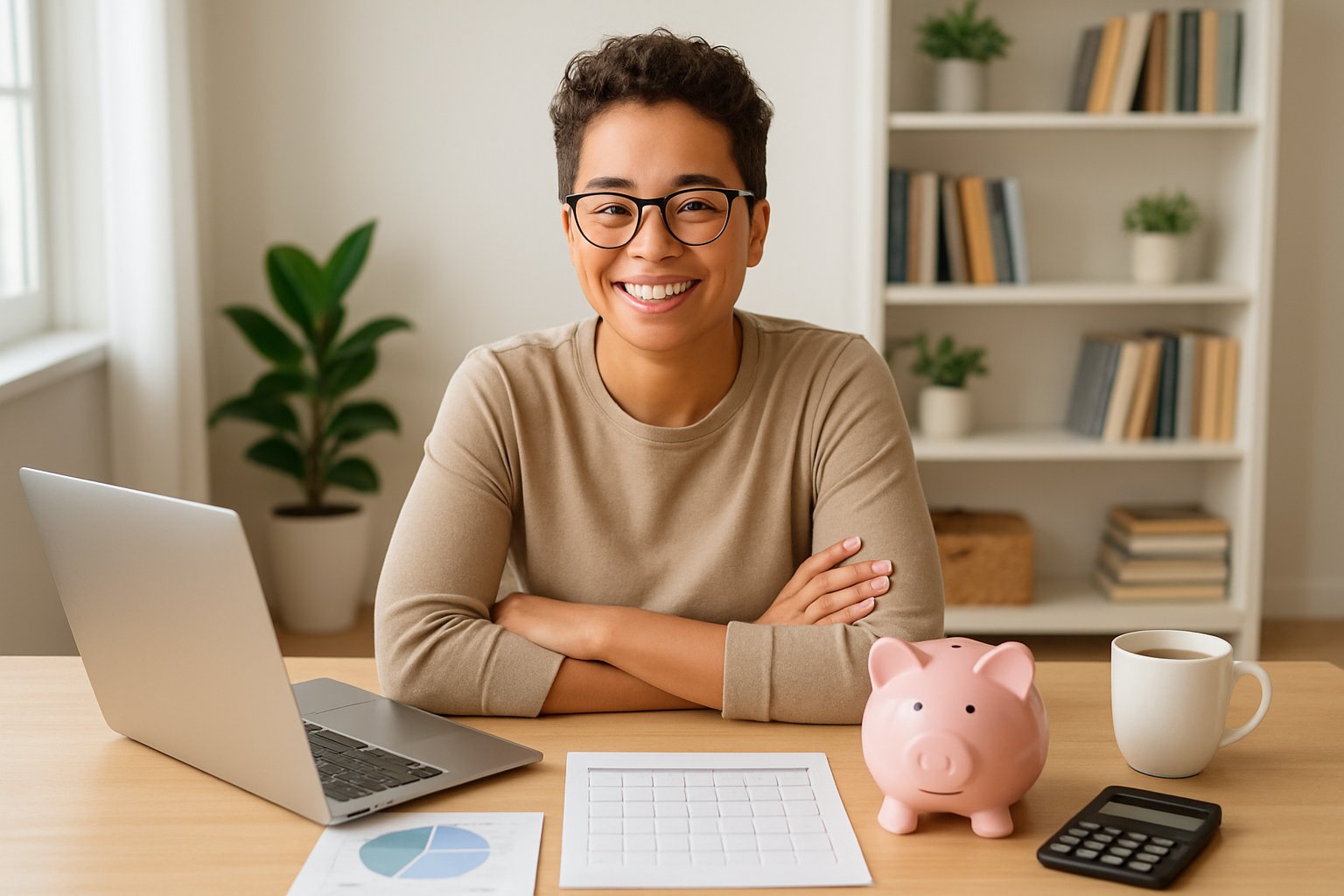 A young adult sitting at a desk with a laptop, financial documents, and a piggy bank, smiling confidently in a tidy home office.