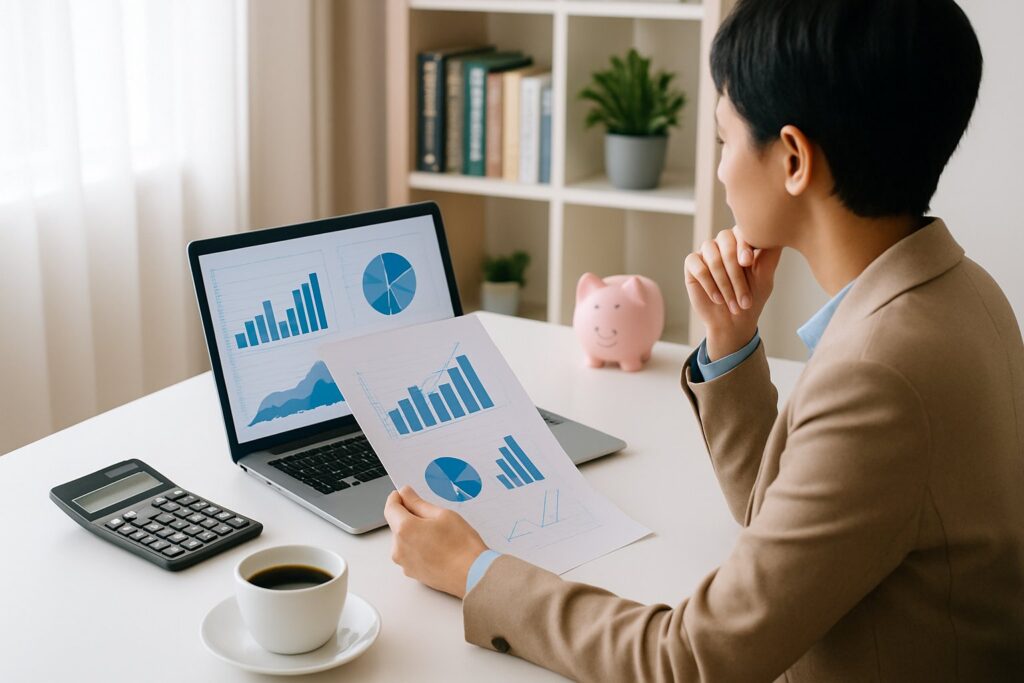 Person reviewing financial documents and laptop at a desk with a calculator and piggy bank in a home office.