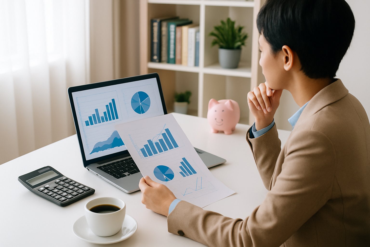 Person reviewing financial documents and laptop at a desk with a calculator and piggy bank in a home office.