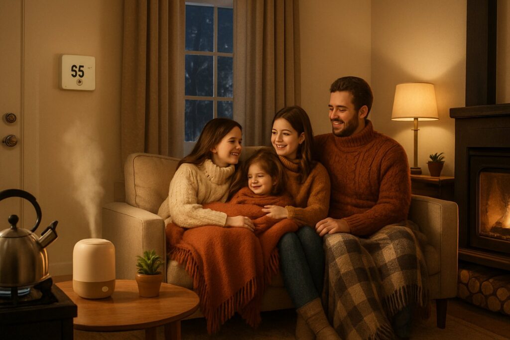 A family in warm clothes sitting in a cozy living room with a thermostat, thermal curtains, draft stopper, kettle on stove, humidifier, and stacked firewood by a fireplace.