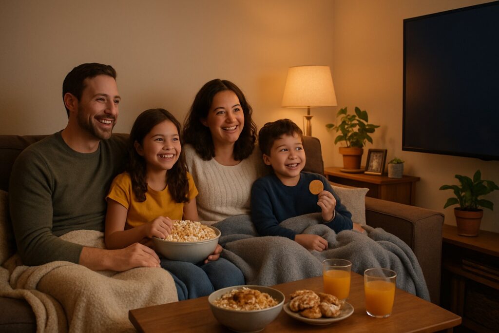 A family of four sitting on a sofa watching a movie together with popcorn and snacks on a coffee table in a cozy living room.