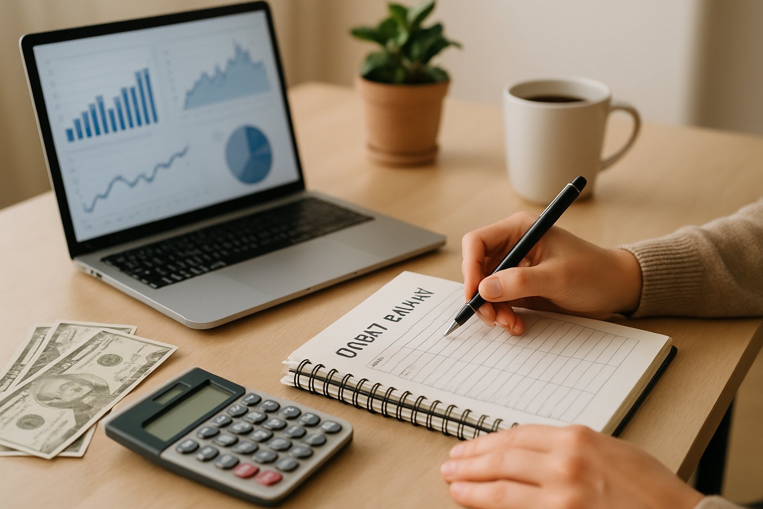 Person reviewing a budget planner at a desk with bills, calculator, and laptop showing financial charts.