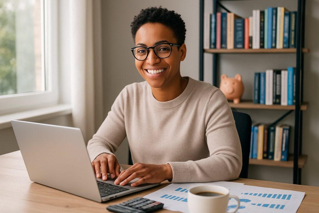 A young adult working on a laptop at a home office desk with financial documents, a calculator, and a piggy bank nearby.