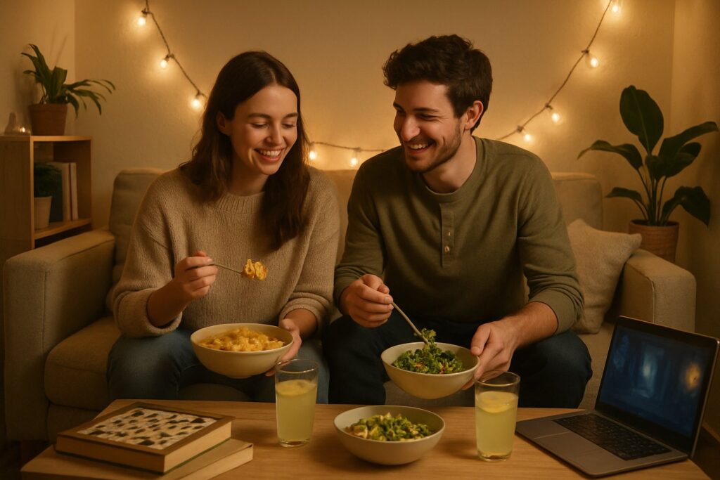 A young couple sitting on a couch, sharing a homemade meal and enjoying a cozy evening together with board games and a movie in a warmly lit room.