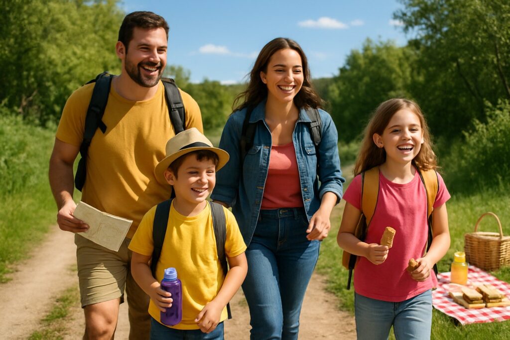 A family of four walking on a nature trail with backpacks and a picnic setup nearby.