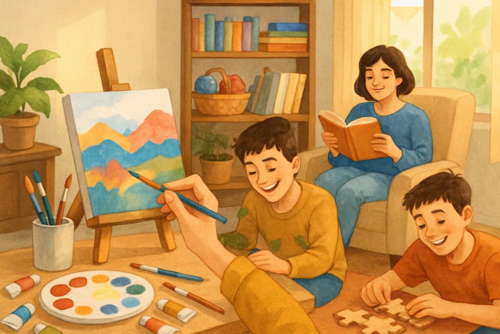 Three people enjoying affordable hobbies indoors: painting, reading, and assembling a puzzle in a cozy living room.