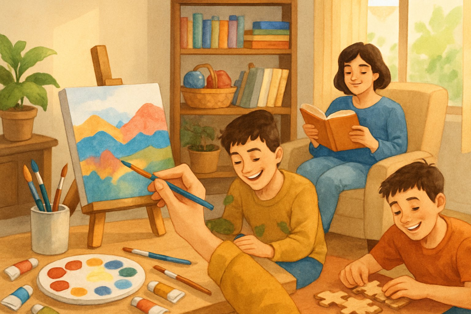 Three people enjoying affordable hobbies indoors: painting, reading, and assembling a puzzle in a cozy living room.