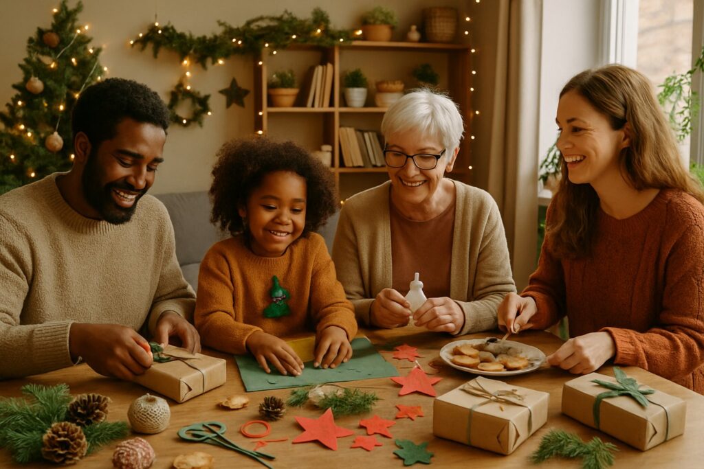 A group of people gathered around a table in a cozy living room, engaging in holiday activities like wrapping gifts and baking cookies with simple decorations around.